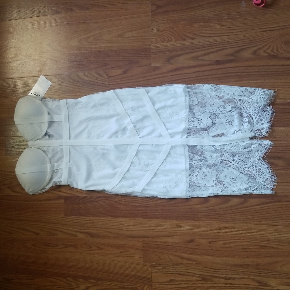White Lace Strapless Bustier Midi Dress